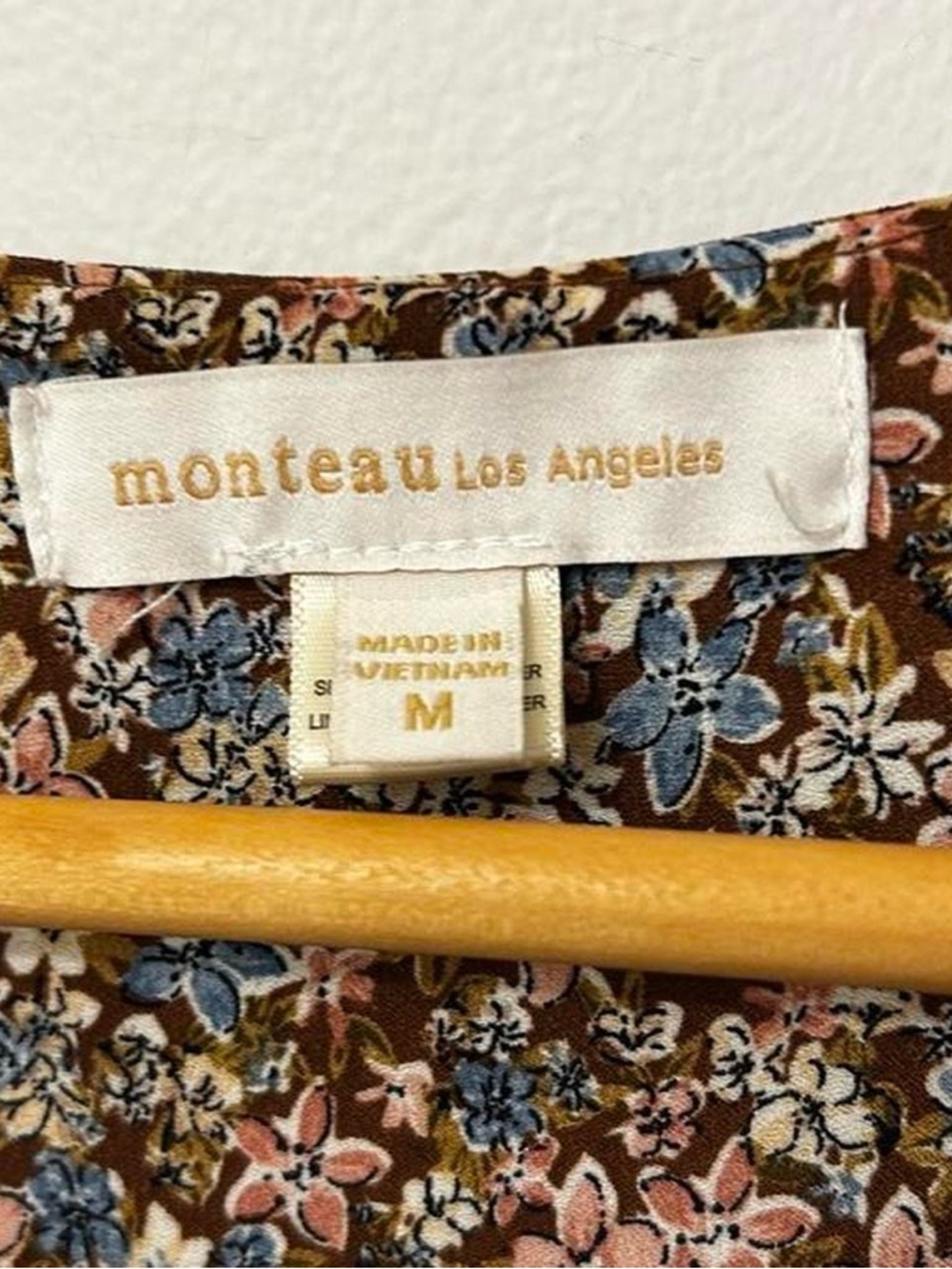 Monteau Los Angeles Brown Floral Midi Dress Womens M Cottage Prairie Tie Front - Picture 2 of 8